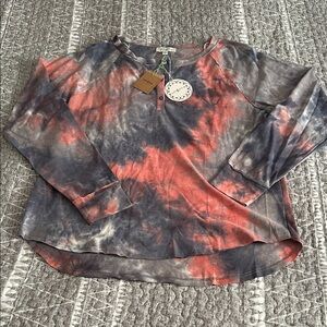 Umgee Tie-Dye Long Sleeve Pullover in Coral and Gray BNWT